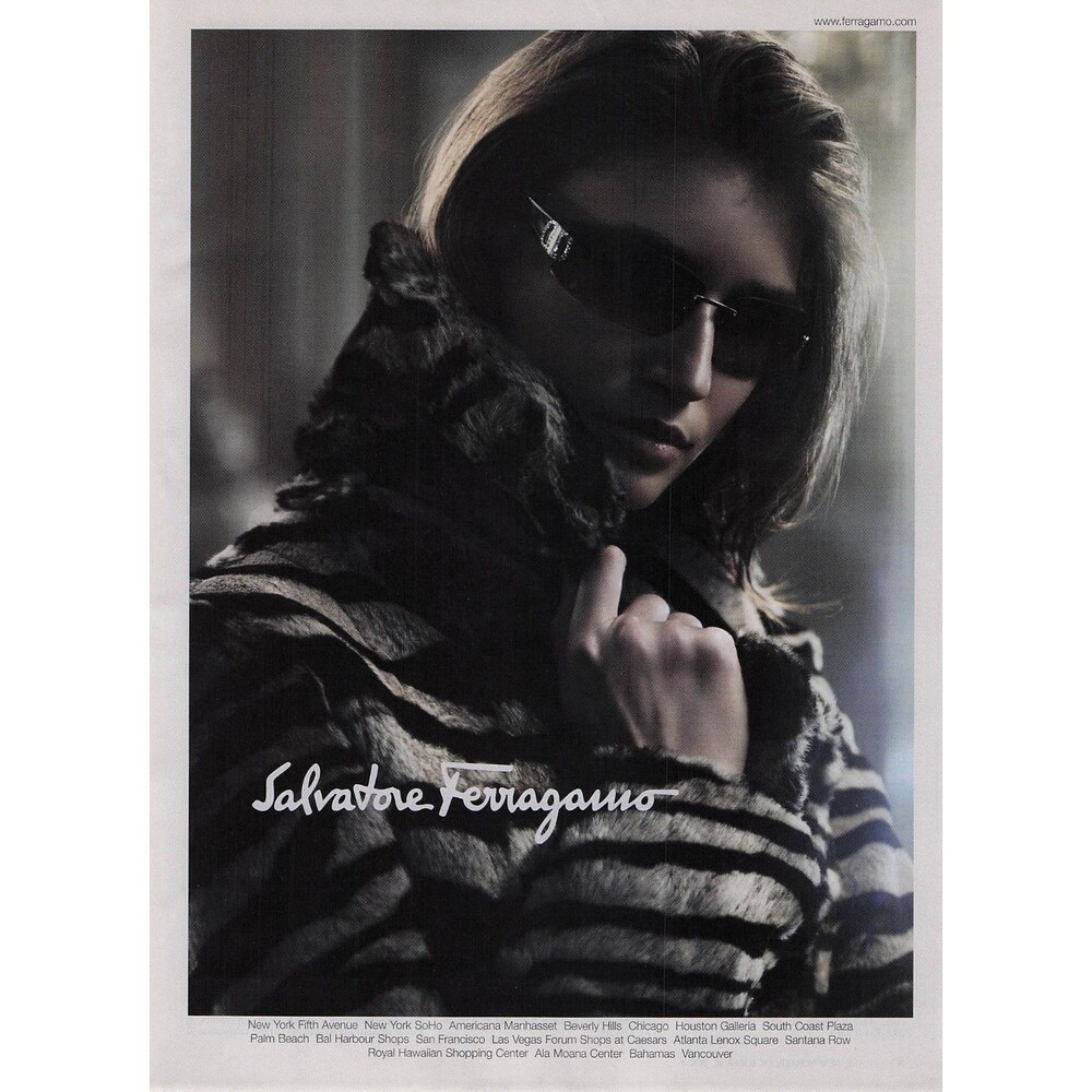 2004 Salvatore Ferragamo fashion sexy woman sunglasses fur coat print ad photo